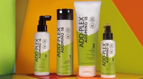 ADDMINO-18 on hiusten uudistava hoitosarja, joka on suunniteltu kemiallisesti tai mekaanisesti vahingoittuneiden hiusten korjaamiseen ja suojaamiseen